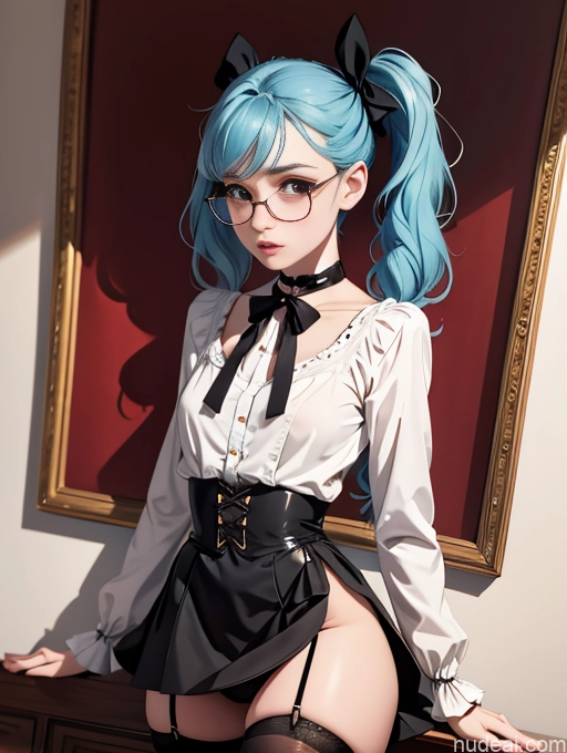 ai nude image of pics of Skinny Small Ass Small Tits Glasses Short Fairer Skin 20s Blue Hair Thigh Socks Close-up View Bows Choker White Stockings Pigtails Shocked Victorian Witch Long Skirt