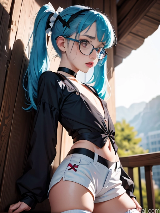 ai nude image of pics of Skinny Small Ass Small Tits Glasses Short Fairer Skin 20s Blue Hair Thigh Socks Close-up View Bows Choker White Pigtails Shocked Witch Short Shorts