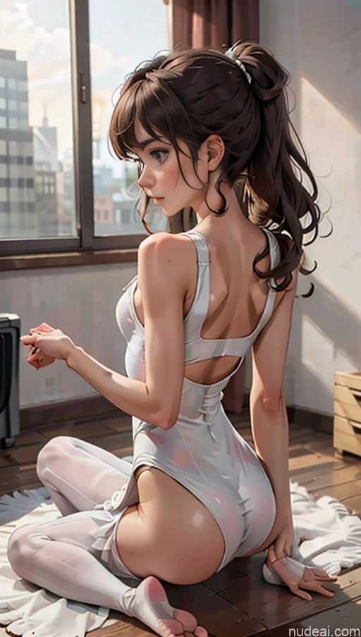 One 20s Skinny Small Tits Small Ass Brunette Curly Hair White Soft Anime Bedroom Back View Pose 不小心摔倒 Fallen_down Spandex Ballet Dance Dress