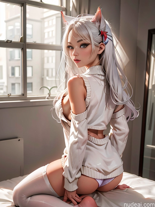 Woman One 20s Seductive Long Hair Bedroom White Hair Ahri, 1girl, Long Hair, Animal Ears, Whisker Markings, Korean Clothes, Cleavage, Detached Sleeves Korean Straddling Bows Thigh Socks Oversized Sweater/Hoodie Panties Front View