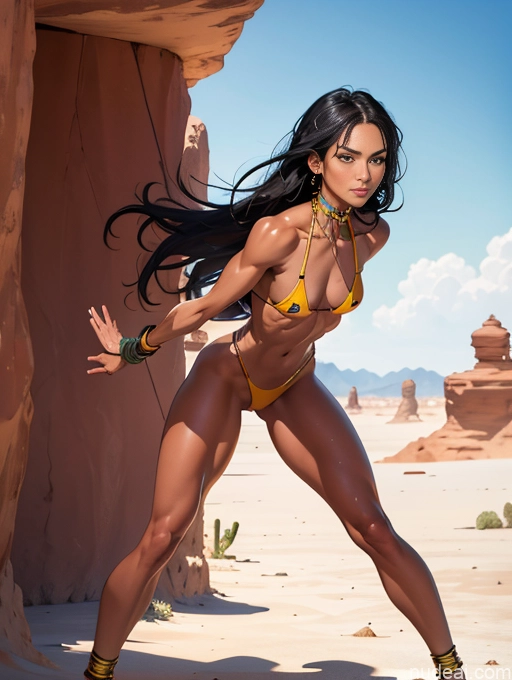 ai nude image of pics of Bodybuilder Busty Perfect Boobs Beautiful Lipstick Muscular Abs Long Legs Tall Perfect Body Tanned Skin Oiled Body 20s Serious Sexy Face Black Hair Long Hair Desert T-pose Nude Bondage Chain Shackles