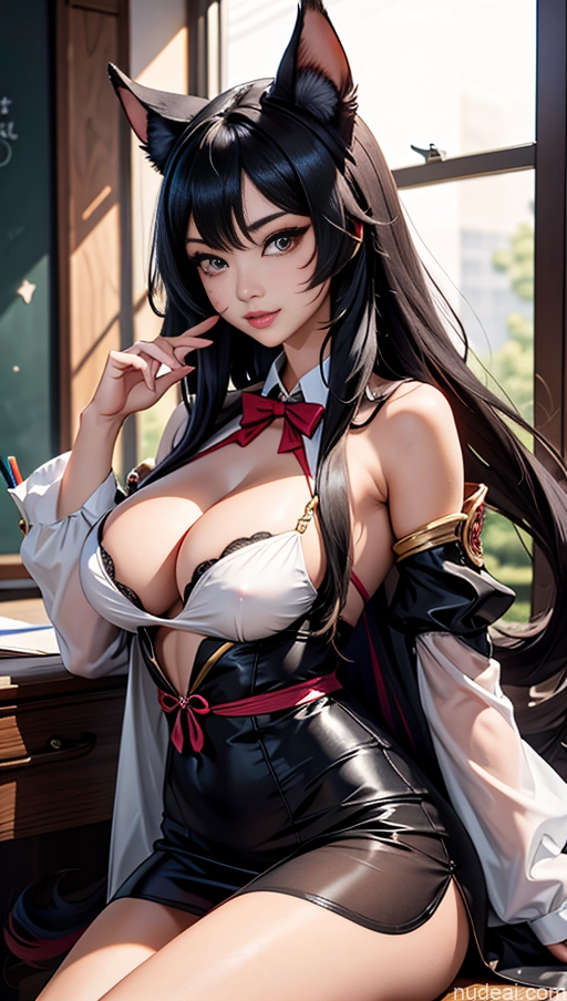 Transparent Black Hair Perfect Boobs Busty 20s Model Long Hair Ahri, 1girl, Long Hair, Animal Ears, Whisker Markings, Korean Clothes, Cleavage, Detached Sleeves Teacher \haigure\