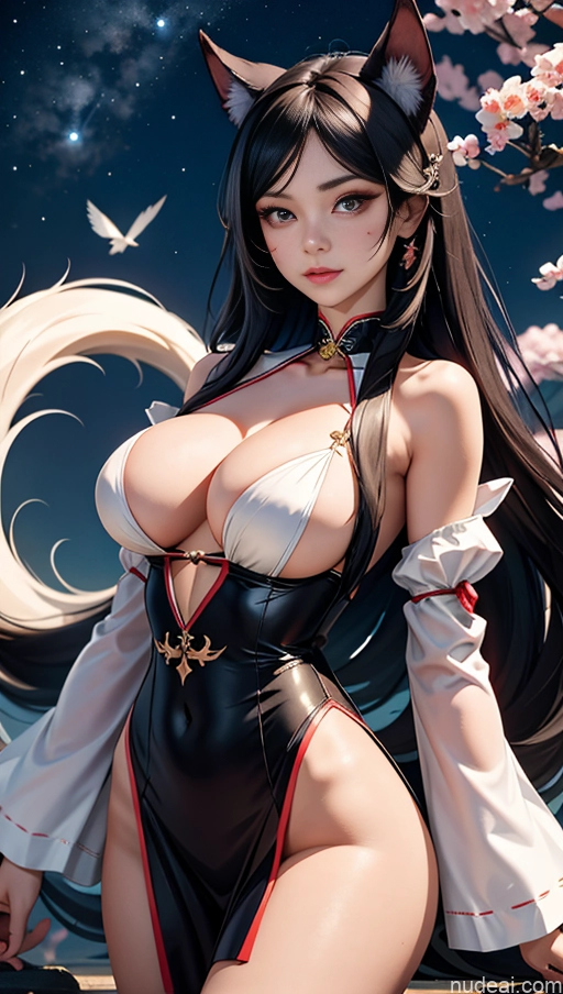 Transparent Black Hair Perfect Boobs Busty 20s Model Long Hair Ahri, 1girl, Long Hair, Animal Ears, Whisker Markings, Korean Clothes, Cleavage, Detached Sleeves Teacher \haigure\