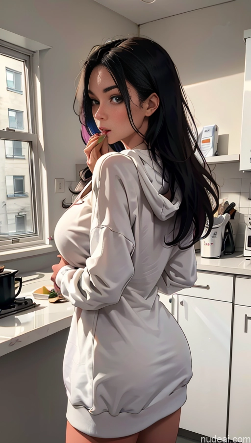 Woman One Huge Boobs Skinny 18 Black Hair Long Hair White Kitchen Eating Oversized Sweater/Hoodie