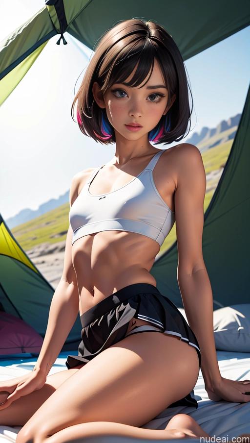 related ai porn images free for Woman 18 Brunette Beautiful Short Hair White Soft Anime Front View Panties Dark Lighting Tent Mini Skirt Sports Bra Small Ass Two