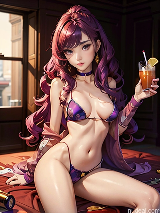 ai nude image of pics of Model Perfect Boobs Beautiful Small Ass Skinny Long Legs Tall Perfect Body 18 Purple Hair Curly Hair Master C Freehand Brushwork Party Choker Cosplay Viet Doll Likeness Dark Lighting Detailed Several