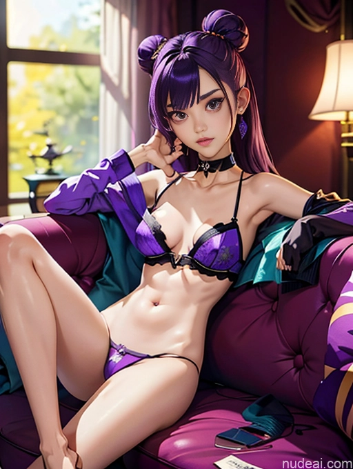 Beautiful Small Ass Skinny Long Legs Tall Perfect Body 18 Purple Hair Choker Cosplay Viet Doll Likeness Dark Lighting Detailed Busty Model Couch Hair Bun