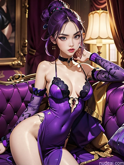 Beautiful Small Ass Skinny Long Legs Tall Perfect Body 18 Purple Hair Choker Viet Doll Likeness Dark Lighting Detailed Busty Model Couch Hair Bun Victorian