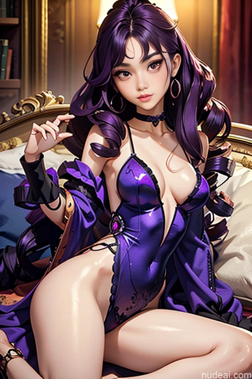 Beautiful Small Ass Skinny Long Legs Tall Perfect Body 18 Purple Hair Choker Viet Doll Likeness Dark Lighting Detailed Model Couch Victorian Perfect Boobs Curly Hair Master