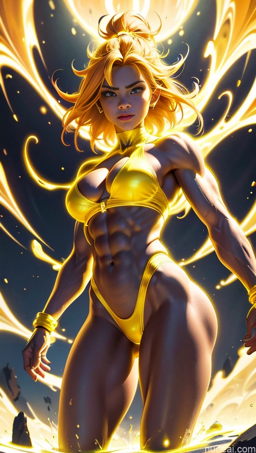 ai nude image of pics of Several Surrealist Hell Bright Lighting Bodybuilder Abs Muscular Perfect Body Busty Powering Up Super Saiyan 3 Neon Lights Clothes: Yellow