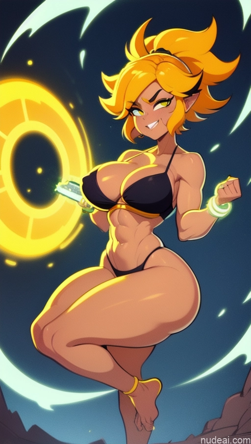 ai nude image of pics of Several Surrealist Hell Bright Lighting Bodybuilder Abs Muscular Perfect Body Busty Powering Up Super Saiyan 3 Neon Lights Clothes: Yellow