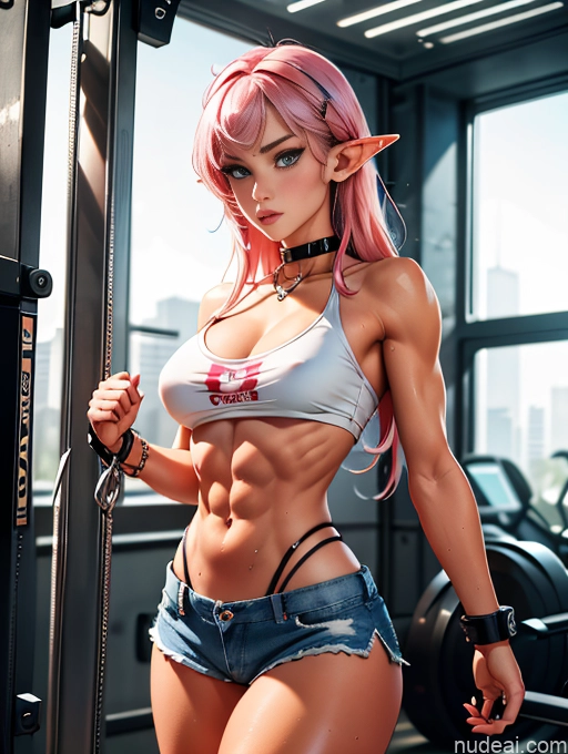 related ai porn images free for Athlete Busty Beautiful Muscular Abs Long Legs Tall Perfect Body Tanned Skin Oiled Body Serious Sexy Face Deep Blue Eyes Pink Hair Bangs Gym Working Out Bikini Boots Choker Daisy Dukes Visible Thong Straps Chain Shackles