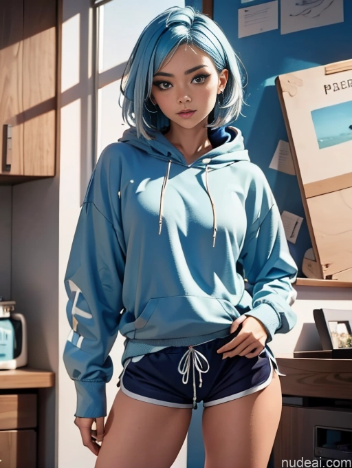 ai nude image of pics of Blue Hair, Medium Hair Dolphin Shorts Naked Hoodie 裸体卫衣 Model