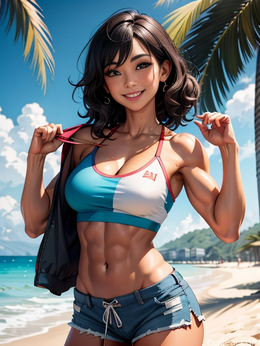 related ai porn images free for Perfect Boobs Happy Beach Muscular Black Hair Bodybuilder Curly Hair Short Shorts Crop Top