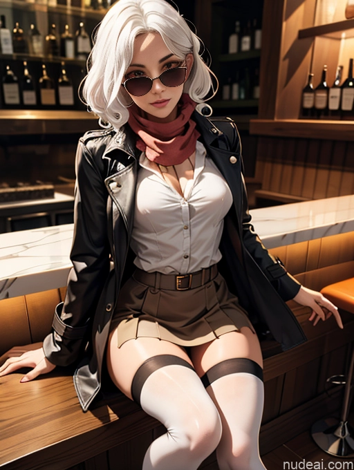 related ai porn images free for Perfect Boobs Sunglasses Seductive White Hair Curly Hair Bar Trench Coat Thigh Socks Scarf Blouse Mini Skirt