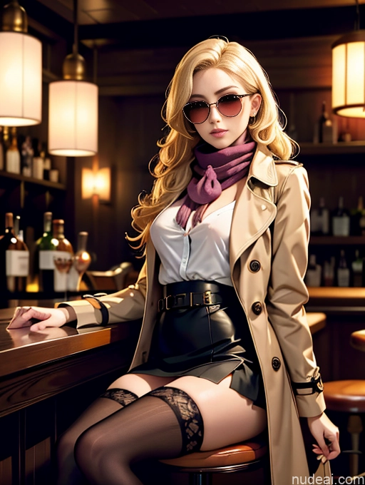 related ai porn images free for Perfect Boobs Sunglasses Seductive Curly Hair Bar Trench Coat Thigh Socks Scarf Blouse Mini Skirt Blonde