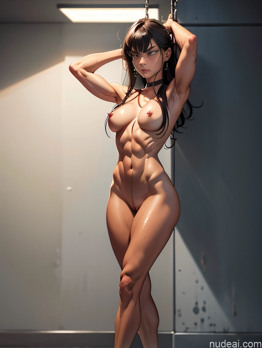 related ai porn images free for Bodybuilder Busty Perfect Boobs Muscular Abs Long Legs Tall Tanned Skin Oiled Body 18 Serious Angry Brunette Bangs Prison Full Frontal T-pose Nude Bondage Chain Shackles