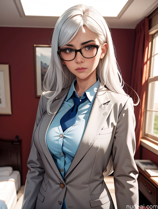 related ai porn images free for Bedroom Busty Glasses Long Hair Suit Professor Polo Shirt Tie White Hair Sad