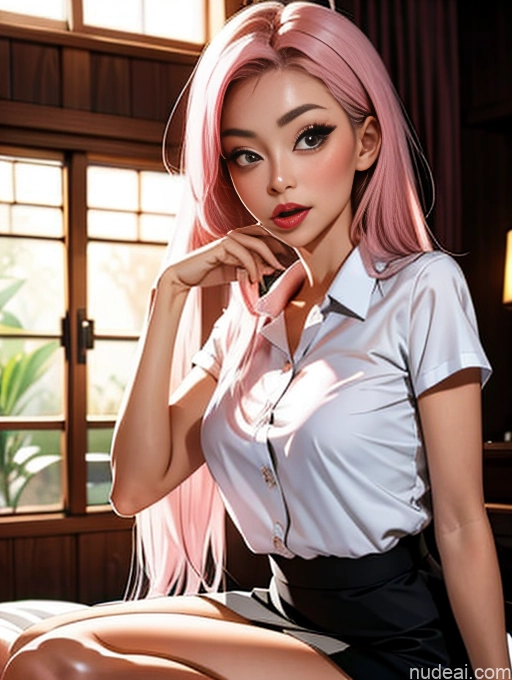 Model Two Beautiful Skinny 18 Pink Hair Long Hair Japanese Bedroom Kisses Thai University Uniform V1