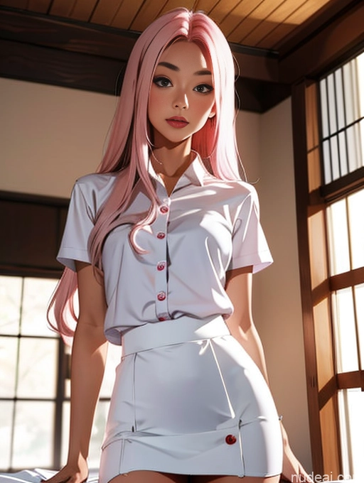 Model Two Beautiful Skinny 18 Pink Hair Long Hair Japanese Bedroom Kisses Thai University Uniform V1