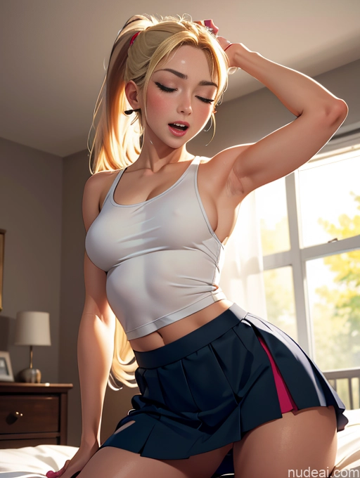 related ai porn images free for Busty Orgasm Blonde Ponytail Bedroom Spreading Legs Micro Skirt Tank Top