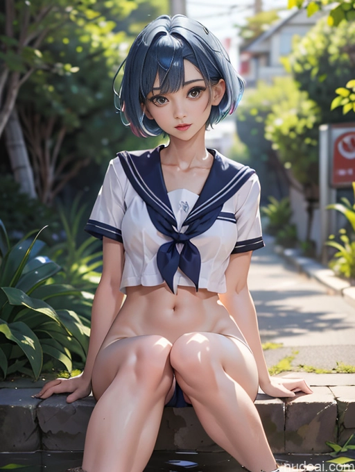 related ai porn images free for Woman Skinny Beautiful Short Blue Hair Short Hair Soft Anime Front View JK Uniform Partially Nude Small Tits