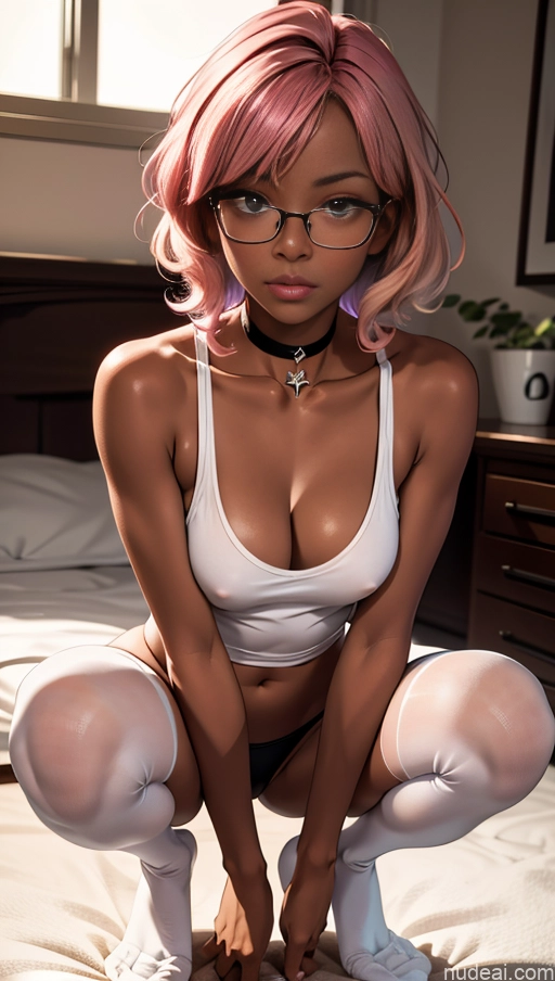 related ai porn images free for One Beautiful Glasses 18 Cleavage Bedroom Choker Thigh Socks Tank Top Curly Hair Dark Skin Short Perfect Body High Socks Partially Nude Sexy Face Squatting Black Pink Hair Front View