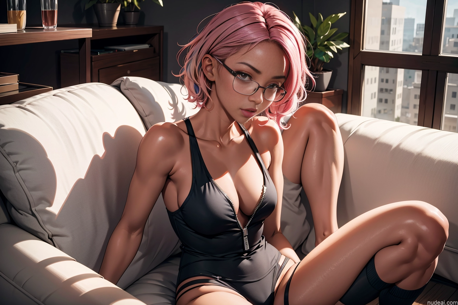 related ai porn images free for One Perfect Boobs Beautiful Glasses Short 18 Seductive Pink Hair Black Squatting Tank Top Thigh Socks Topless High Socks Dark Skin Crisp Anime Curly Hair Couch Side View