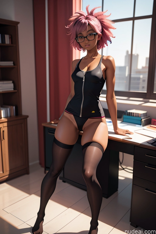 related ai porn images free for One Beautiful Short Dark Skin 18 Seductive High Socks Topless Thigh Socks Black Messy Office Pink Hair Glasses Tank Top 3d Panties