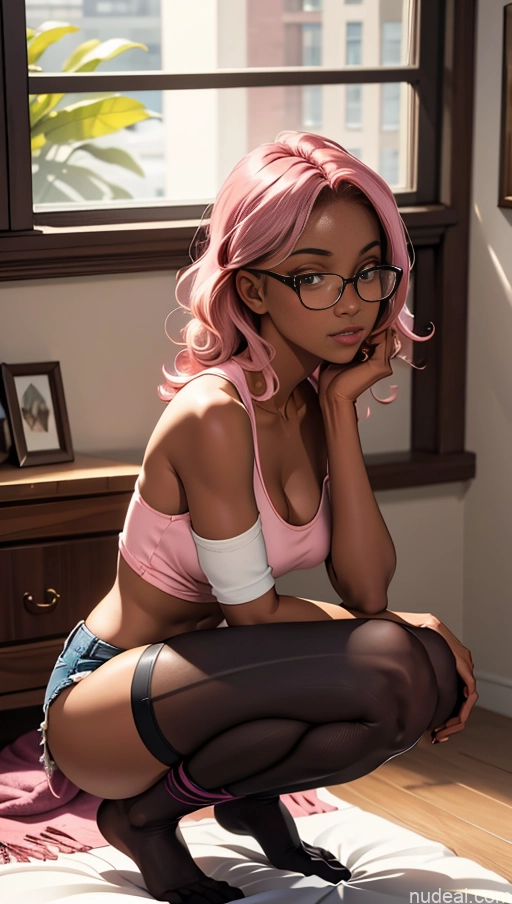 related ai porn images free for One Beautiful Glasses Perfect Body Dark Skin 18 Seductive Pink Hair Curly Hair Black Soft Anime Bedroom Squatting High Socks Jeans Tank Top Thigh Socks Cleavage Topless Side View