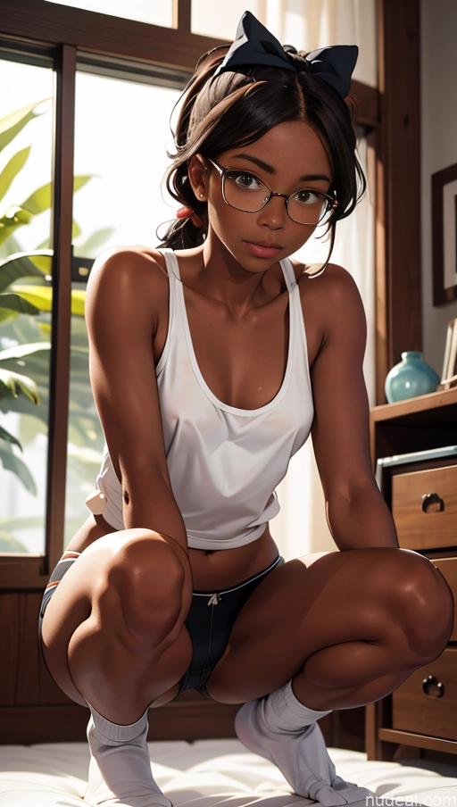 related ai porn images free for One Glasses Beautiful 18 Black Ginger High Socks Tank Top Squatting Short Shorts Partially Nude Bows Dark Skin Bedroom