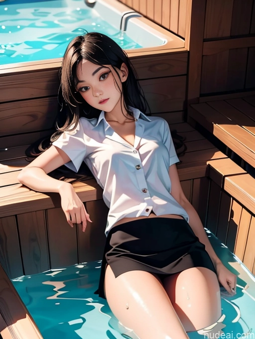 Model One Beautiful Skinny 18 Black Hair Long Hair Japanese Hot Tub On Back Thai University Uniform V1