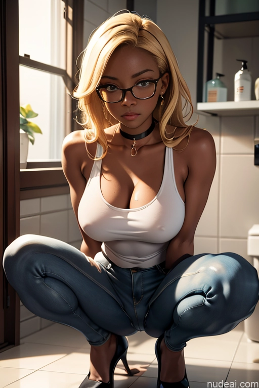 related ai porn images free for Perfect Boobs Beautiful Glasses Dark Skin 18 Blonde Black Bathroom Squatting Choker High Heels Jeans Pantyhose Partially Nude Tank Top