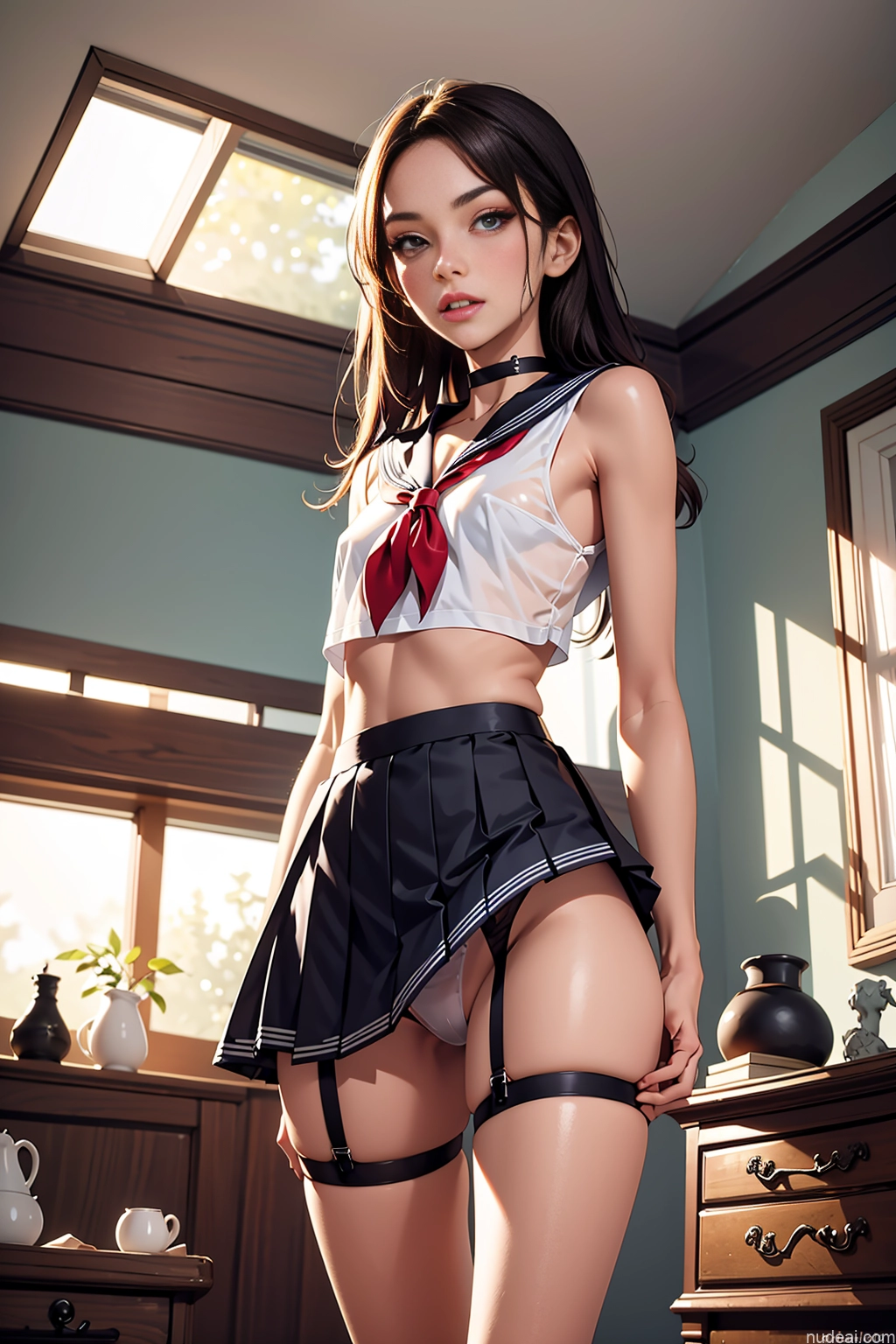 related ai porn images free for Beautiful Long Legs Perfect Body 18 Front View Choker Detailed Sailor Stockings Spreading Legs Brunette Lingerie Model Tall Straight White Bedroom Transparent Micro Skirt Seductive