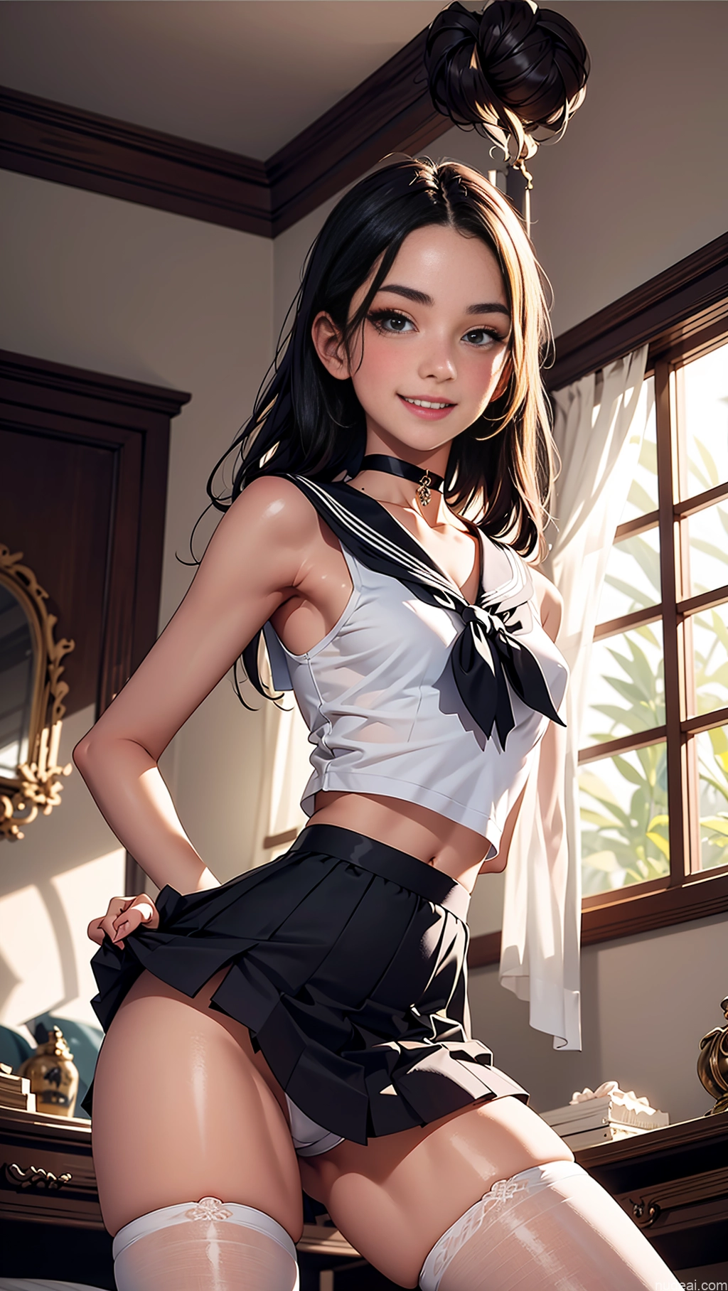 related ai porn images free for Beautiful Long Legs Perfect Body 18 Front View Choker Detailed Sailor Stockings Lingerie Model Tall Straight Bedroom Transparent Micro Skirt Happy Black Hair German