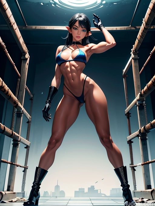 related ai porn images free for Bodybuilder Busty Perfect Boobs Muscular Abs Long Legs Tall Tanned Skin Oiled Body 20s Serious Sexy Face Deep Blue Eyes Black Hair Bangs Full Frontal T-pose Bikini Boots Choker Gloves Leather Thong Prison Bondage