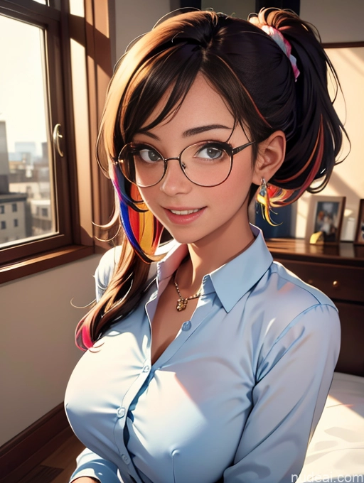 related ai porn images free for Busty Tanned Skin Happy Brunette Bedroom Thin Round Glasses Ponytail Jewelry Secretary Shirt Suit