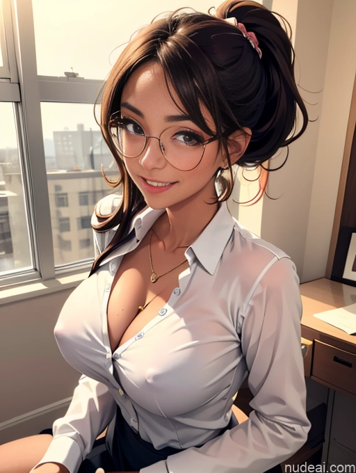 related ai porn images free for Busty Tanned Skin Happy Brunette Bedroom Thin Round Glasses Ponytail Jewelry Secretary Shirt Suit