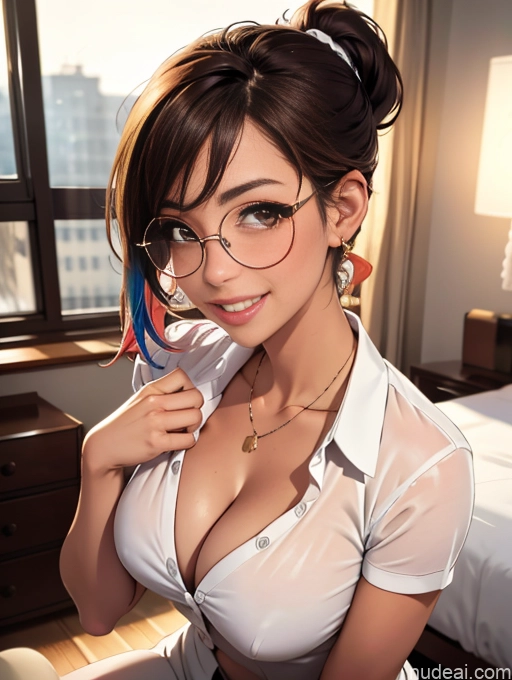 related ai porn images free for Busty Tanned Skin Happy Brunette Bedroom Thin Round Glasses Ponytail Jewelry Secretary Shirt Suit