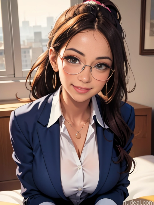 related ai porn images free for Busty Tanned Skin Happy Brunette Bedroom Thin Round Glasses Ponytail Jewelry Secretary Shirt Suit