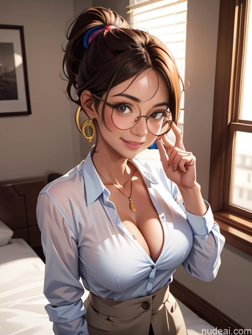 related ai porn images free for Busty Tanned Skin Happy Brunette Bedroom Thin Round Glasses Ponytail Jewelry Secretary Shirt Suit