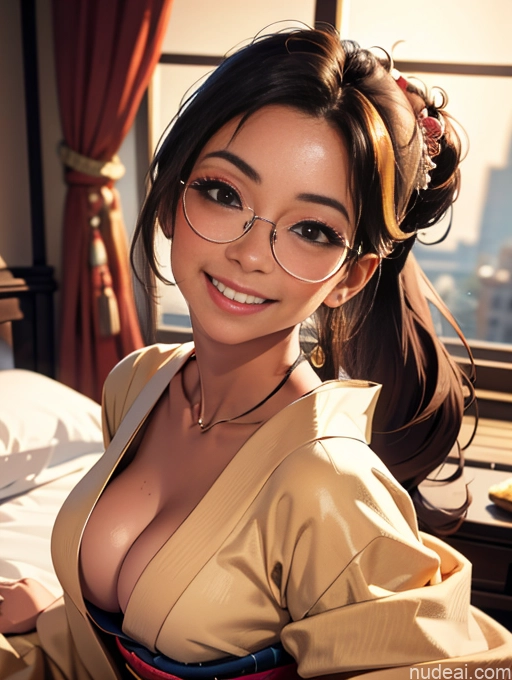 related ai porn images free for Tanned Skin Bedroom Jewelry Thin Round Glasses Happy Busty Ponytail Brunette Kimono On Back