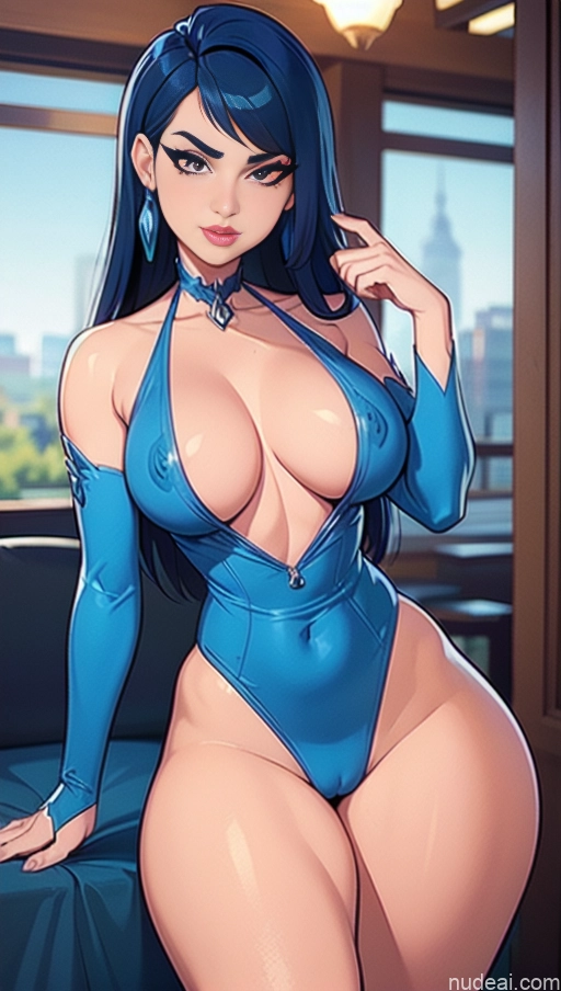 related ai porn images free for BiBiDongYoung Close-up View Serious Blue Hair Onesie Deep V-Neck Dress
