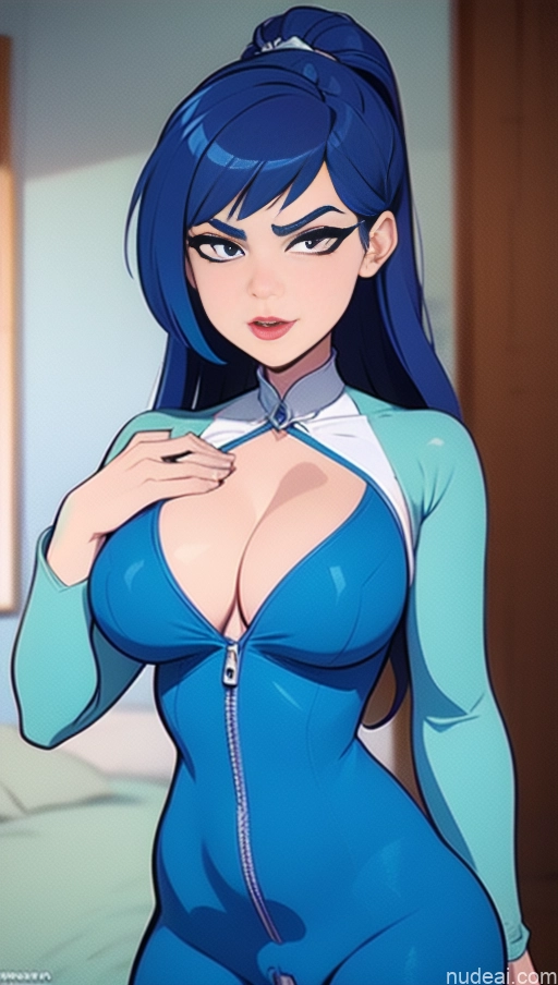 related ai porn images free for BiBiDongYoung Close-up View Serious Blue Hair Onesie Cleavage