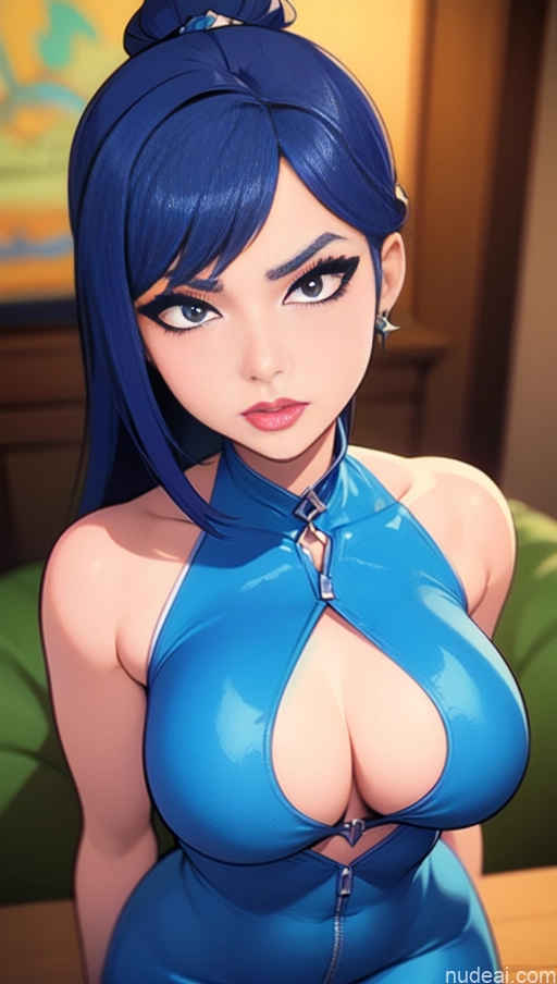 related ai porn images free for BiBiDongYoung Close-up View Serious Blue Hair Onesie Cleavage