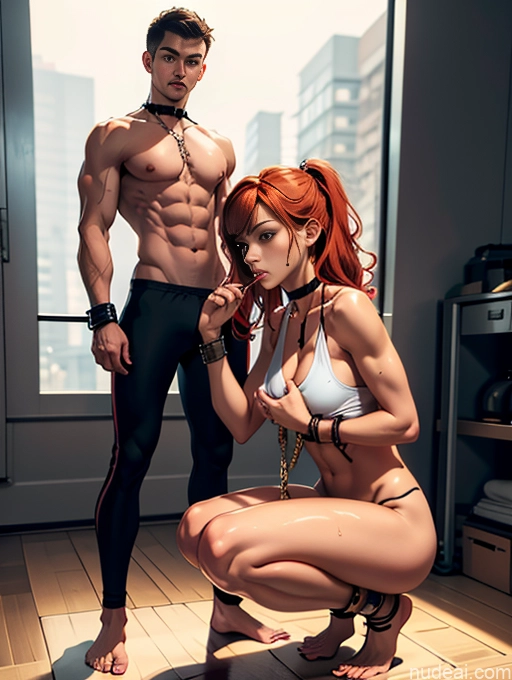 related ai porn images free for Busty Perfect Boobs Muscular Abs Long Legs Tall Tanned Skin Oiled Body 20s Serious Sexy Face Ginger Bangs Gym Full Frontal Squatting Nude Choker Bondage Chain Shackles Woman + Man Two