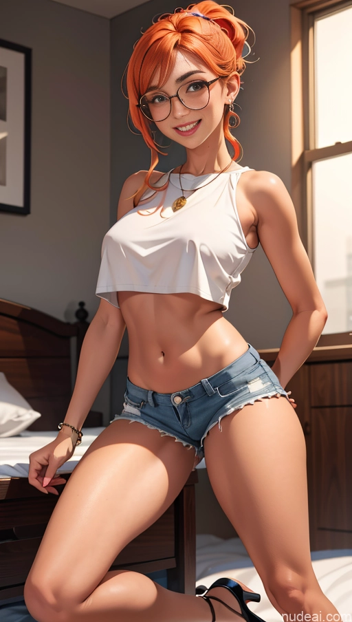related ai porn images free for Busty Tanned Skin Bedroom Ginger High Heels Jewelry Ponytail Pubic Hair Crop Top Shirt Short Shorts Thin Round Glasses Happy