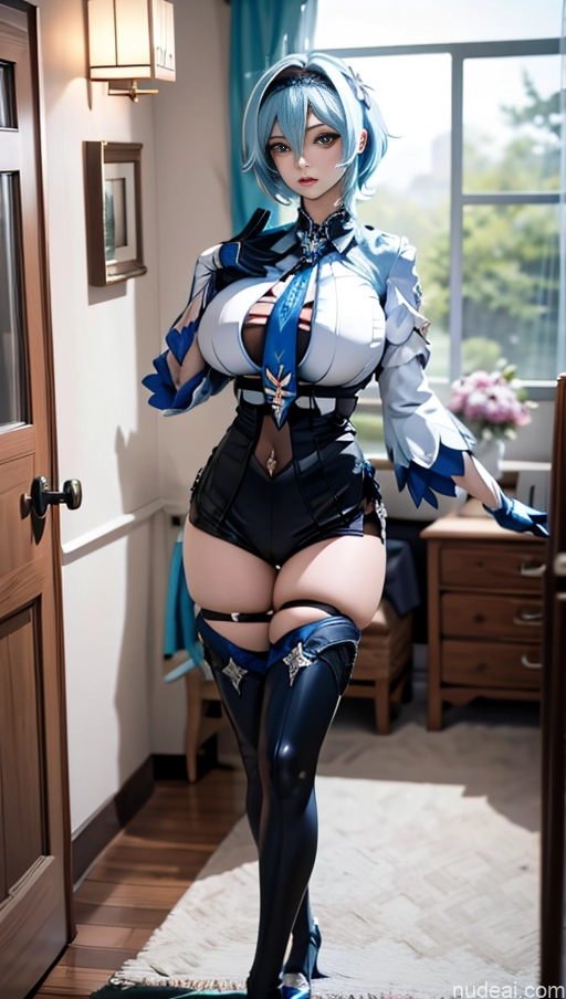 Woman Busty Huge Boobs Perfect Boobs Beautiful Skinny Long Legs Perfect Body Tall Fairer Skin Sexy Face Japanese 18 Bedroom Spreading Legs Short Hair Blue Hair Eula: Genshin Impact Cosplayers Underwear Stockings