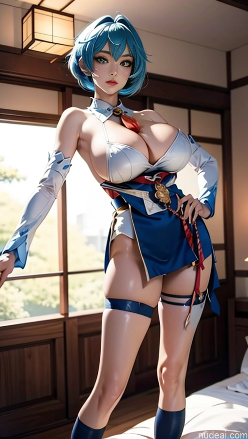 Woman Busty Huge Boobs Perfect Boobs Beautiful Skinny Long Legs Tall Perfect Body Fairer Skin 18 Sexy Face Blue Hair Short Hair Japanese Anime Bedroom Cosplay Stockings Ganyu: Genshin Impact Cosplayers
