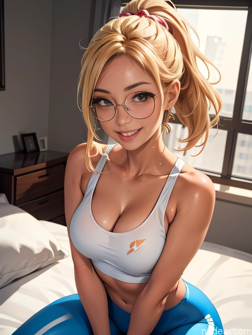 related ai porn images free for Tanned Skin Bedroom Jewelry Busty Blonde Happy Thin Round Glasses Yoga Pants Ponytail Tank Top Sports Bra